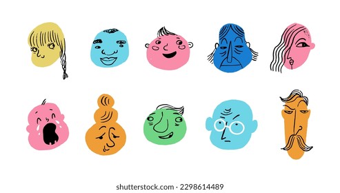 Collection of colorful modern style fun faces, characters and avatars. Hand drawn vector illustrations