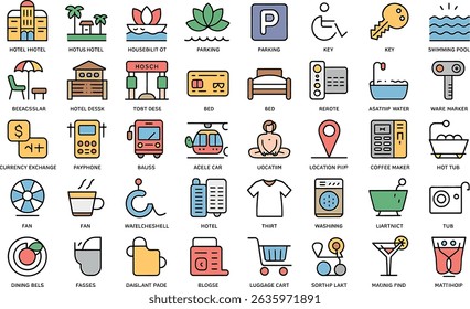 Collection of colorful modern travel and hospitality icons illustrating various tourist services