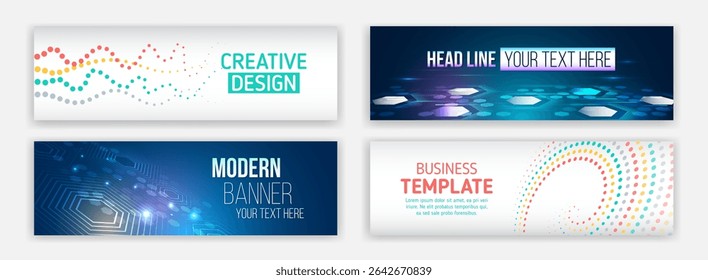 Coleção de banners coloridos e modernos da web com pontos abstratos, elementos tecnológicos e fundos futuristas. Perfeito para projetos de design empresarial, criativo e digital.