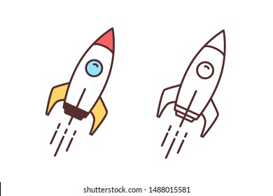 Collection of colorful and monochrome drawings of flying spaceship, spacecraft or shuttle. Spaceflight, space travel or mission. Interstellar rocket launch. Vector illustration in line art style.