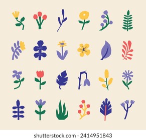 Colección de coloridas plantas naif y flores. Ilustraciones botánicas aisladas de vectores planos. Mínimo de recortes florales. Elementos de la naturaleza dibujados a mano para la impresión y la web.