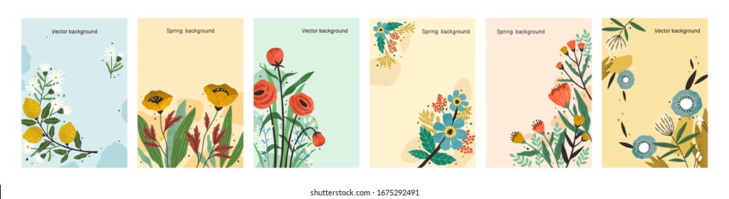 Coleção de fundos coloridos de primavera natural. Cenário floral elegante com um lugar para texto. Cartaz ou folheto vertical com flores e folhas desabrochando. Ilustração vetorial texturizada.