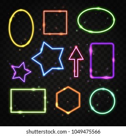 Collection of colorful neon frames with space for text. Set of transparent electric light borders isolated on dark background.