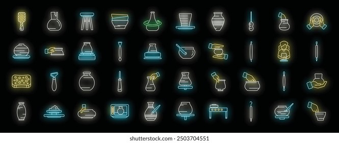 Sammlung bunter Neonsymbole, die verschiedene Aspekte der Töpferei darstellen, von der Gestaltung von Ton bis zu Brennöfen