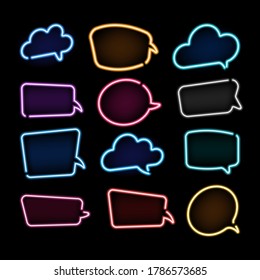 Collection of colorful neon speech bubbles with space for text. Set of transparent electric light frames isolated on dark background. Circle, clouds, rectangle and square shape banner.