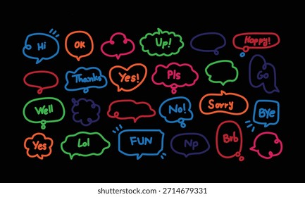 Una colección de coloridas burbujas de neón con diferentes emociones y palabras sobre un fondo oscuro, creando una atmósfera animada