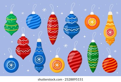 Collection of colorful New Year's toys of different shapes. Christmas tree decor. Green, red, yellow and blue Christmas balls and icicles with patterns.