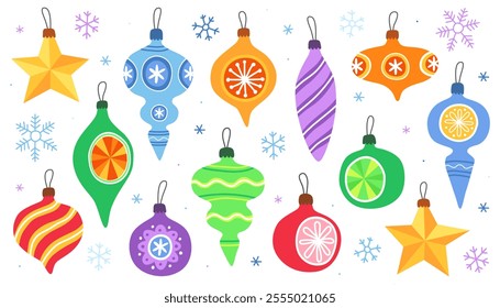 Collection of colorful New Year's toys, balls, stars and icicles. Christmas tree decor. Cute cartoon illustrations.	