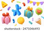 Collection colorful of objects party-themed for anniversary and birthday. Set of festive decorative design elements for party in realistic 3d cartoon style. vector illustration