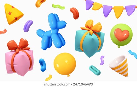 Colección colorida de objetos con temática de fiesta para aniversario y cumpleaños. Conjunto de Elementos de diseño decorativos festivos para fiesta en estilo de dibujos animados 3d realista. Ilustración vectorial