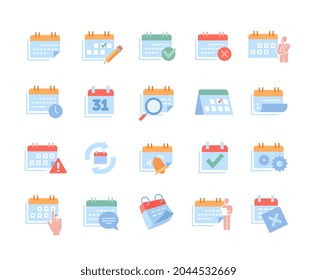 Collection of colorful office work related essential icons on white background. Set with appointment, date settings, working schedule elements. Flat cartoon vector illustration