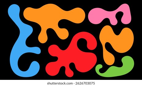 A collection of colorful, organic shapes in various sizes and forms are positioned against a black background.