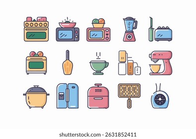 Collection of Colorful Outline Kitchen Appliances
