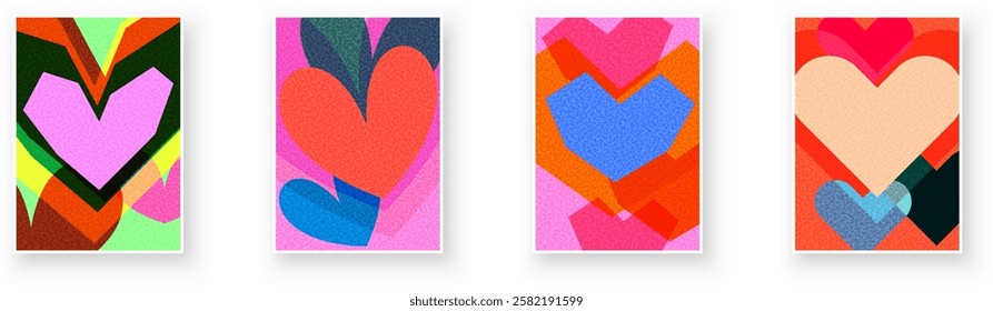 A collection of colorful overlapping hearts on textured backgrounds. Vector illustration for love and creative themes.