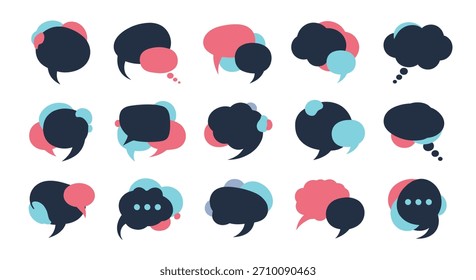 Coleção de bolhas de fala coloridas e sobrepostas em várias formas, ideais para representar comunicação, diálogo e mídias sociais.