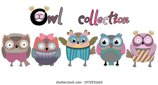 A collection of colorful owls, doodle style designs that can be applied to a wide variety of applications such as stickers, digital printing, digital paper, fabric print, pocket pattern, shirt pattern