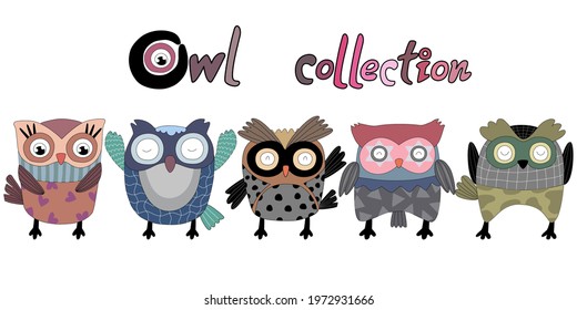 A collection of colorful owls, doodle style designs that can be applied to a wide variety of applications such as stickers, digital printing, digital paper, fabric print, pocket pattern, shirt pattern