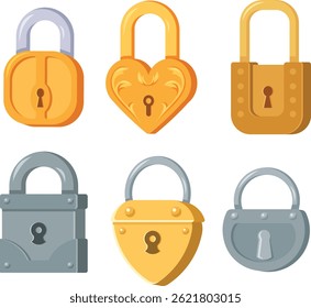 Collection of Colorful Padlocks in Different Shapes, Metal padlocks of different forms flat illustra
