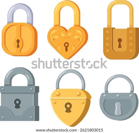 Collection of Colorful Padlocks in Different Shapes, Metal padlocks of different forms flat illustra