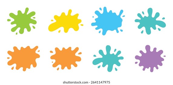 Collection of colorful paint splatter blobs in flat style. Abstract splash shapes in vibrant colors. Ideal for art, design, decoration, and backgrounds. Vector illustration on white background.