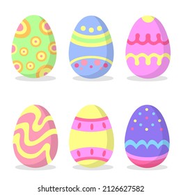Collection of colorful painted easter eggs set. Traditional religious holiday celebration, Decorated chicken eggs isolated on white background, flat design vector illustrations 