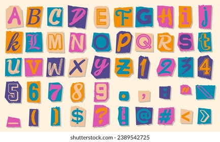 Collection of colorful paper cut alphabet letters. Collage of abc alphabet, numbers and punctuation marks. Vector illustration