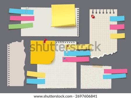 Collection of colorful paper notes and memo sheets with pins, tape, and paper clips. Realistic stationery elements for planners, reminders, and office design on gray background. Set