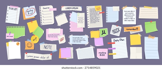 Colección de notas de papel de colores, notas y planificadores diarios en un estilo de dibujos animados dibujado a mano sobre un fondo oscuro. Concepto de recordatorios y organización. Ilustración vectorial