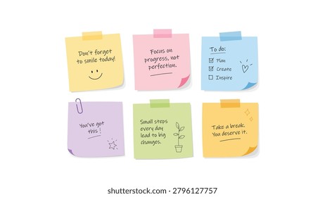 Collection of colorful pastel sticky notes with motivational quotes, positive affirmations, productivity reminders, and to-do checklist.