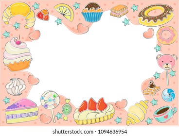Collection of colorful pastry, festive sweet background, cute vector illustration.