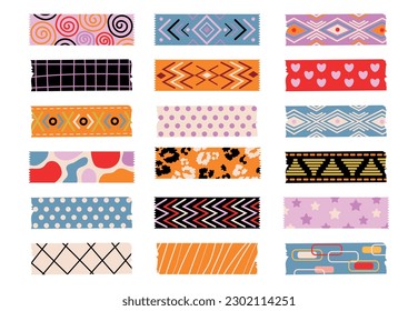 Colección de cintas pegajosas coloridas y estampadas. Tiras de corte, etiquetas adhesivas y una tira de cinta decorativa. Elementos de borde, diseño vectorial de pegatinas de papel