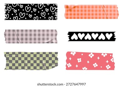 Coleção de tiras de fita washi estampadas coloridas. Ilustração de vetor de fita adesiva decorativa bonito.