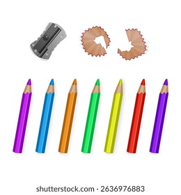 Collection of Colorful Pencils, Sharpener, and Shavings