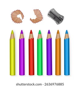 Collection of Colorful Pencils, Sharpener, and Shavings