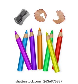 Collection of Colorful Pencils, Sharpener, and Shavings