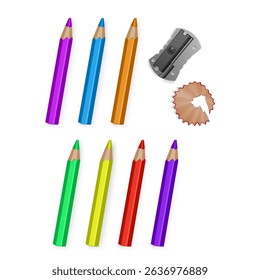 Collection of Colorful Pencils, Sharpener, and Shavings