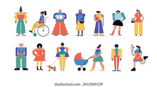 Collection of colorful people characters. Community, family or neighborhood standing together. Fun characters in geometric fun modern style. Colorful concept vector design and illustrations