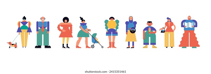 Collection of colorful people characters. Community, family or neighborhood standing together. Fun characters in geometric fun modern style. Colorful concept vector design and illustrations