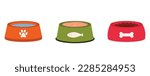 Collection Of Colorful Pet Bowls With Food And Water. Vector Flat Illustration