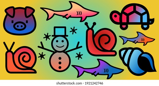 Collection of the colorful pig, fish, turtle, snail, snowman, and spiral shell icon vector illustration. Animal patterns for children can be used for backgrounds, banners, posters, and coloring books.