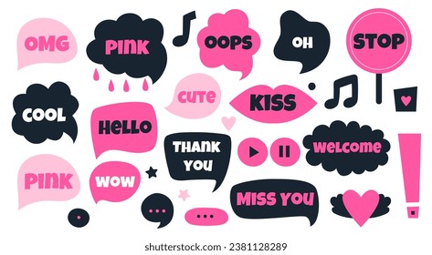 Collection of colorful pink and dark blue speech bubbles with common words isolated on white background