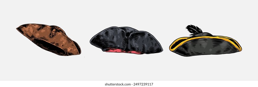 Collection of colorful pirate hat sketch hand drawn vector illustration.