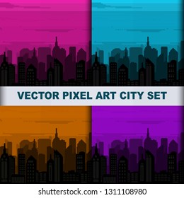 Collection of colorful pixel art city. Set for cards, wrapping, banners. Pixel city. 8 bit.