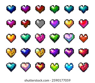 Collection Of Colorful Pixel Art Hearts In Various Shades And Styles, Designed In A Retro 8-Bit Video Game Aesthetic  