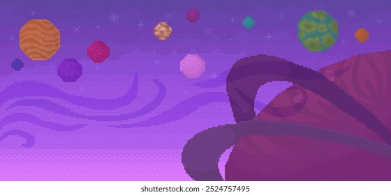 Collection of colorful planets floating in a purple sky with swirling patterns and large tentacles. Ideal for science fiction, fantasy, space exploration, gaming, and cosmic adventure themes. Simple