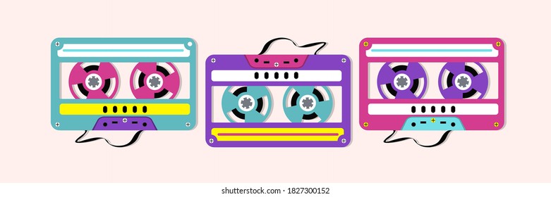 Collection of colorful plastic audio cassette tapes. vector illustration.