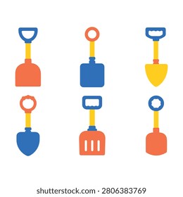 Collection of colorful plastic spade tools for kids. Different handle and blade shapes for outdoor summer activity.