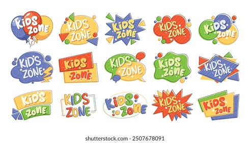 Collection Of Colorful And Playful Kids Zone Logos For Children Play Area Design And Decoration. Cartoon Vector Emblems