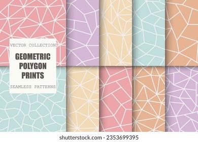 Collection of colorful polygonal geometric patterns. Delicate repeatable abstract backgrounds. Mosaic trendy contemporary prints