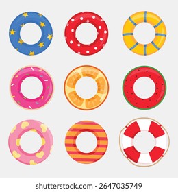 Collection of Colorful Pool Floaties for Summer Vibes and Beach Fun
A playful collection of colorful inflatable pool floaties designed for summer beach fun. This illustration includes various shapes 